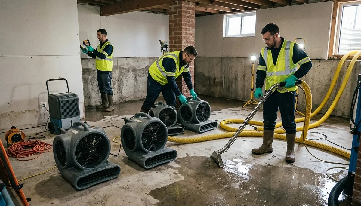 Water damage crew performing basement flood cleanup in Eugene, OR