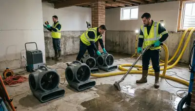 Water damage crew performing basement flood cleanup in Eugene, OR