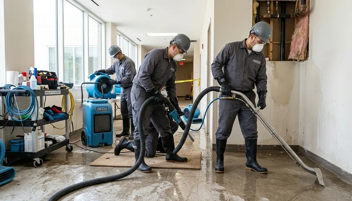Burst pipe cleanup in Eugene, OR by water damage restoration crew with drying equipment