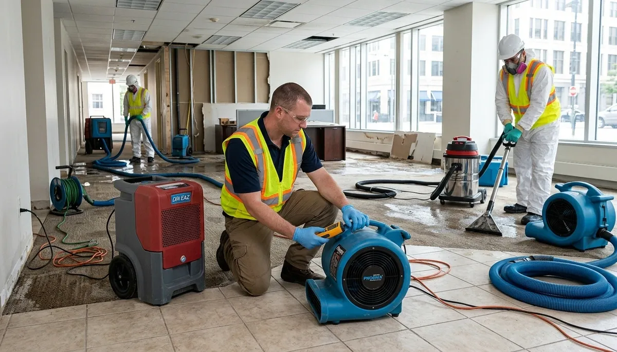 Commercial water damage restoration crew in Eugene, OR removing floodwater and drying a property