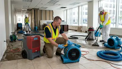 Commercial water damage restoration crew in Eugene, OR removing floodwater and drying a property