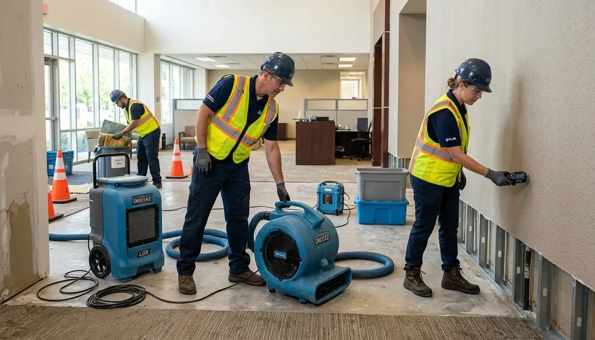 Water damage restoration crew in Eugene, OR drying and repairing commercial property after flooding