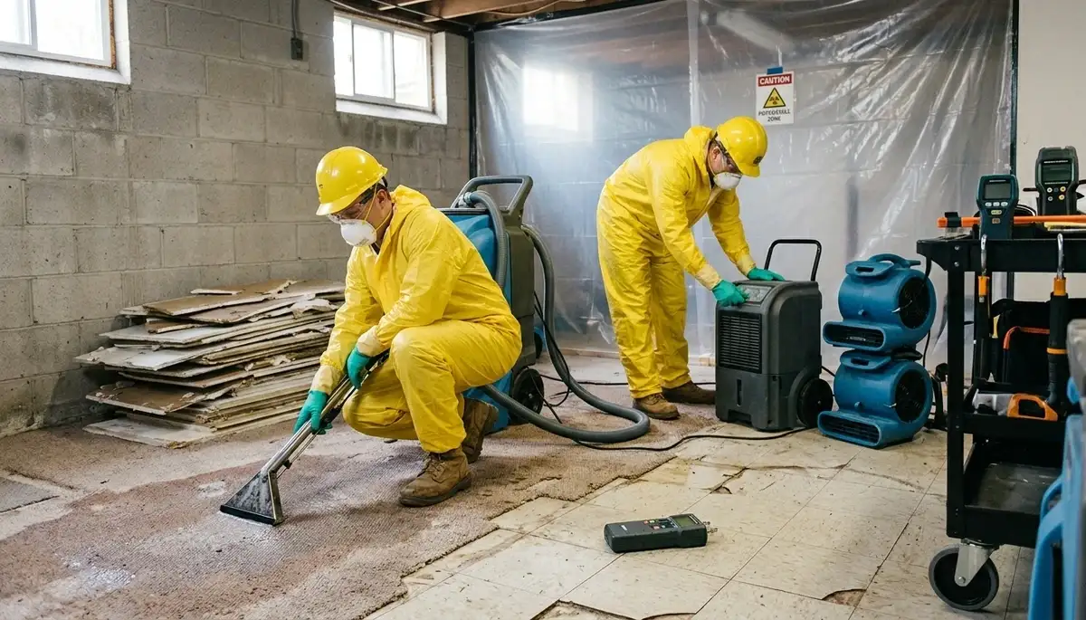 Eugene, OR water damage restoration team cleaning flood-damaged home after burst pipe