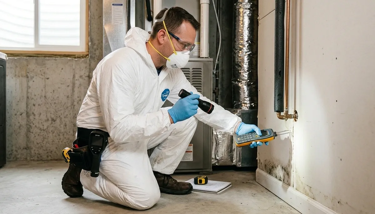 Mold inspection technician checking Eugene, OR home for water damage and moisture intrusion
