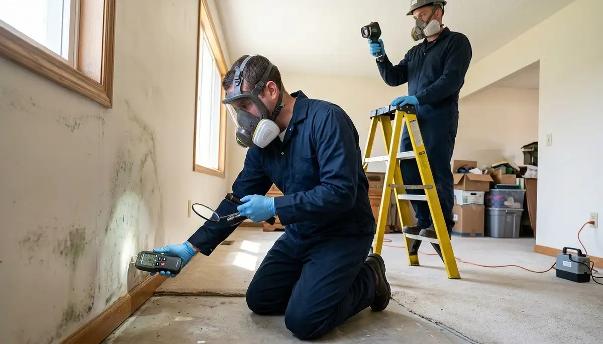 Mold inspection for Eugene, OR home by water damage specialist in protective gear