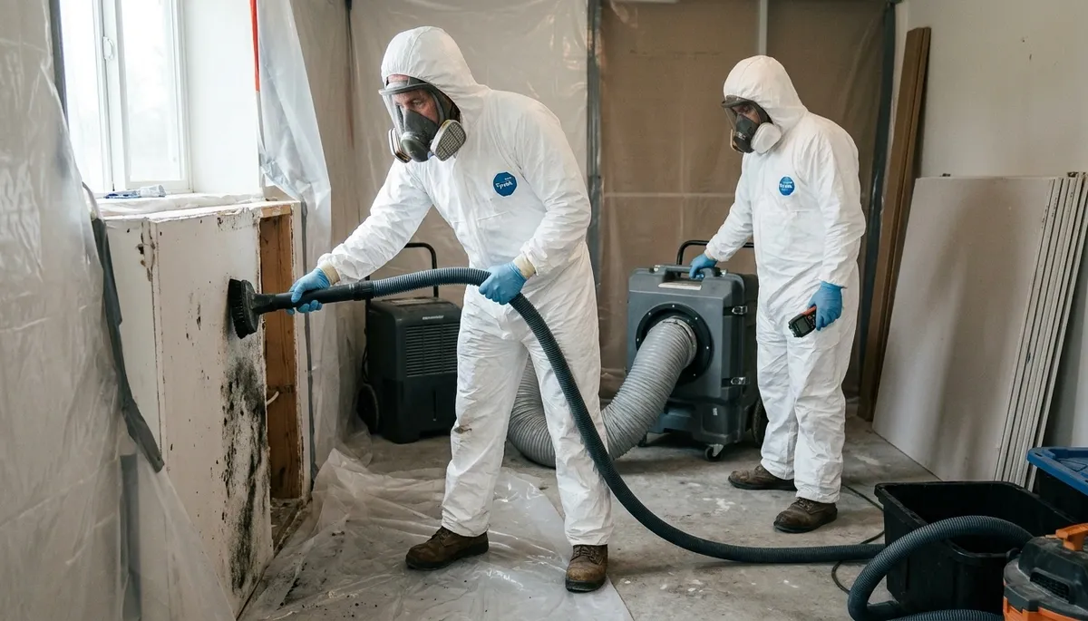 Mold removal technicians in Eugene, OR inspect wet walls in a water-damage home