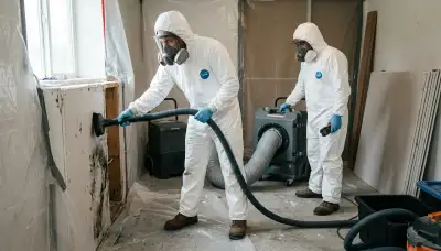 Mold removal technicians in Eugene, OR inspect wet walls in a water-damage home