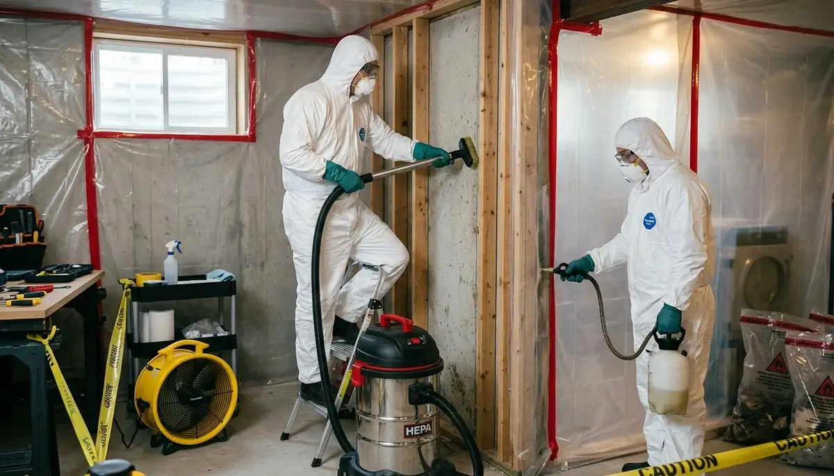 Mold removal technician inspecting water damage in Eugene, OR home