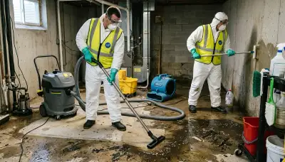 Sewer backup cleanup technician in Eugene, OR removing wastewater from a flooded home floor