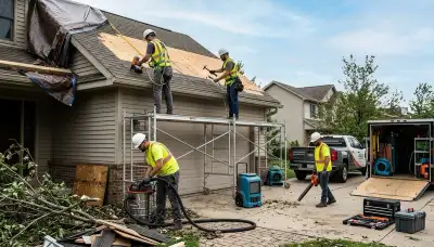 Water damage restoration crew in Eugene, OR responding to storm damage in a home