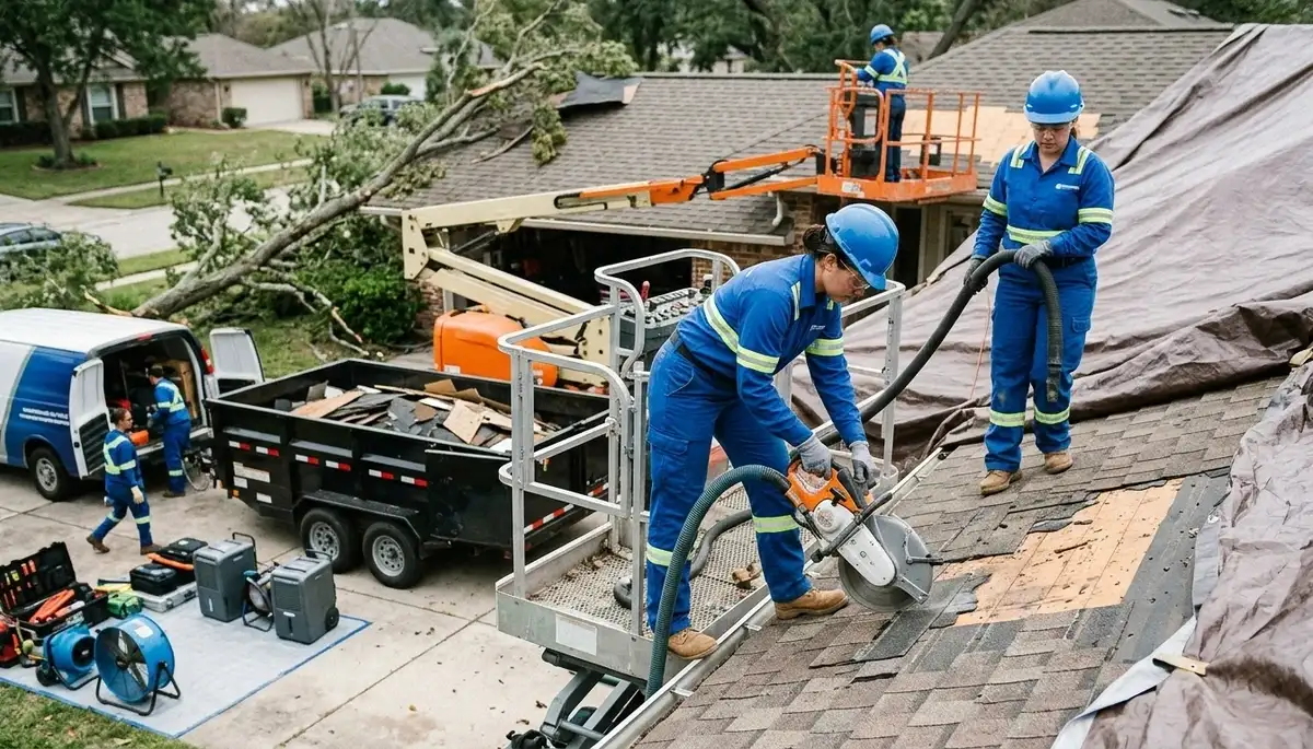 Storm damage restoration crew in Eugene, OR helping protect homes from water damage