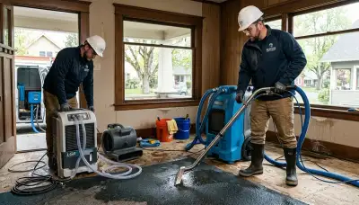 Eugene, OR water damage restoration team inspecting flood damage in a residential property
