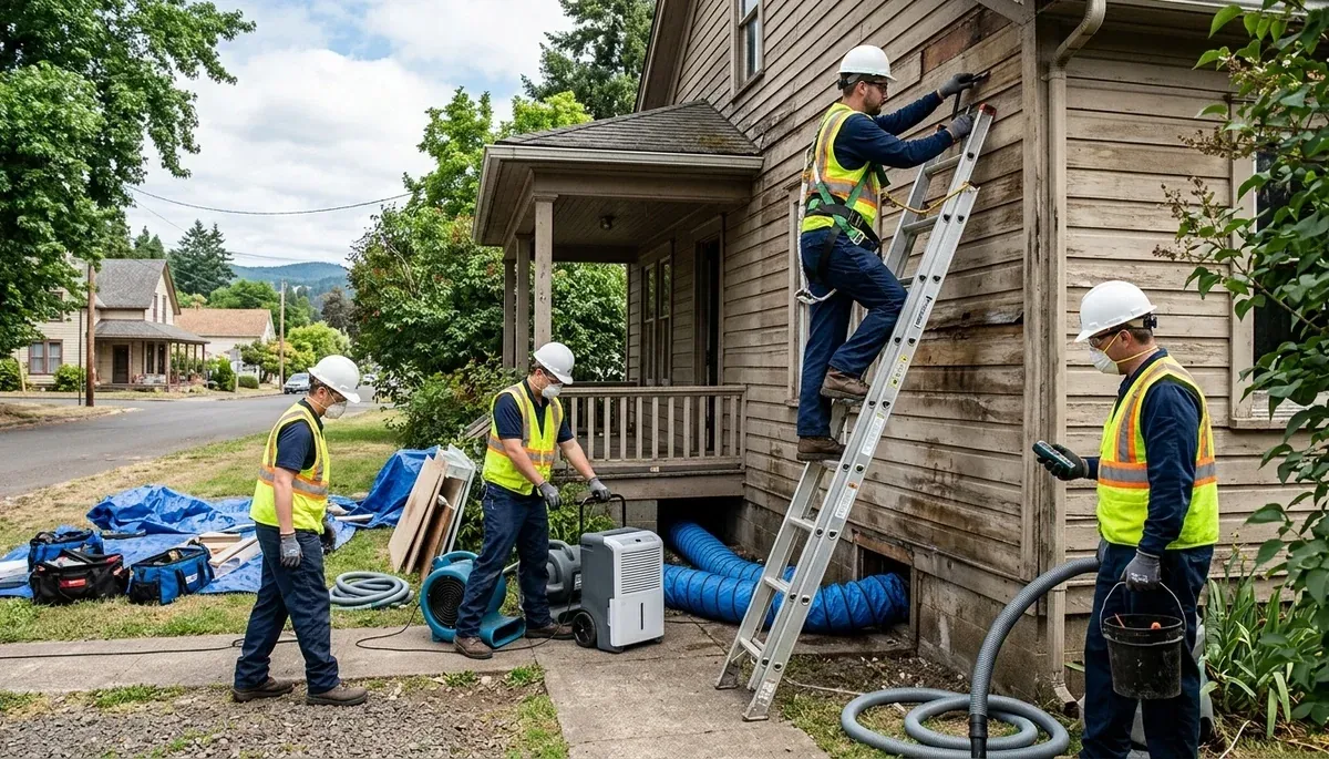 Water damage restoration team serving Eugene, OR with professional cleanup and drying equipment