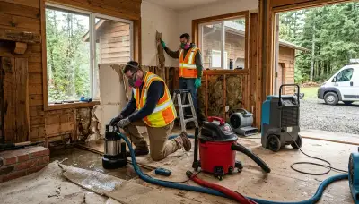 Water damage restoration team in Eugene, OR inspecting and drying a flooded home