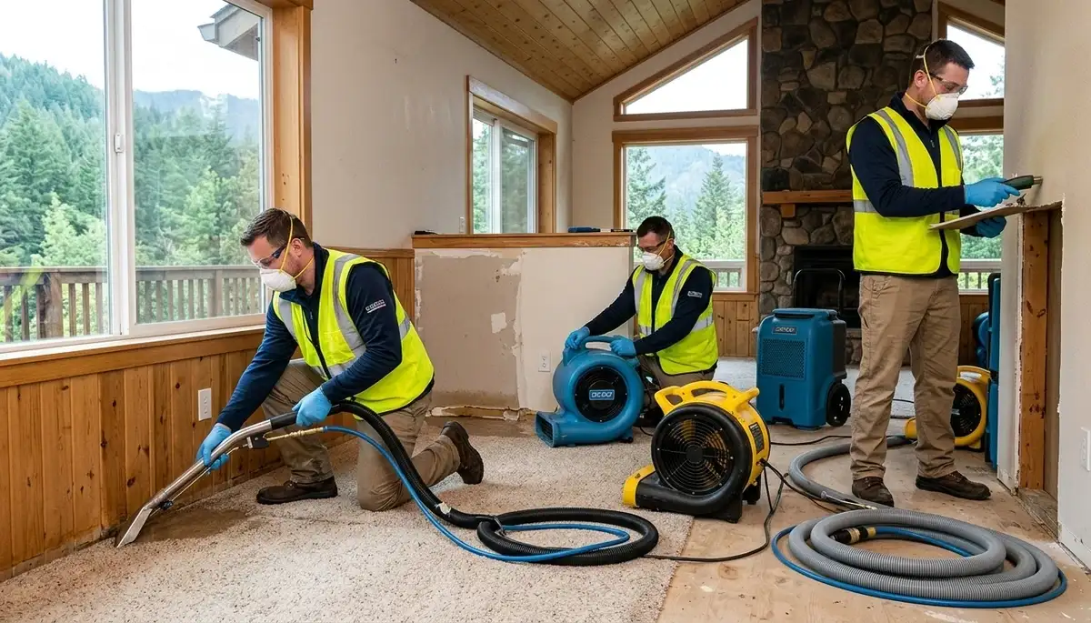 Water damage restoration team in Eugene, OR inspecting a flooded home