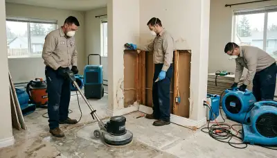 Water damage restoration team in Eugene, OR inspecting a flooded property