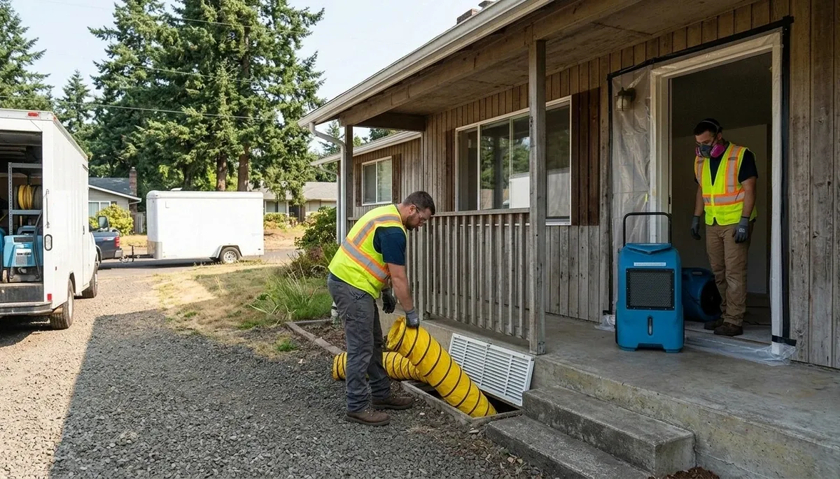 Water damage restoration team in Eugene, OR inspecting a flooded property and setting up drying equipment