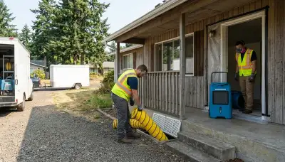 Water damage restoration team in Eugene, OR inspecting a flooded property and setting up drying equipment