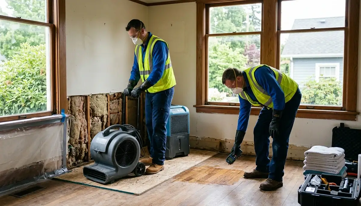 Water damage restoration team serving Eugene, OR with professional cleanup and drying equipment
