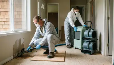 Water damage restoration team in Eugene, OR inspecting a damaged home for cleanup and repairs