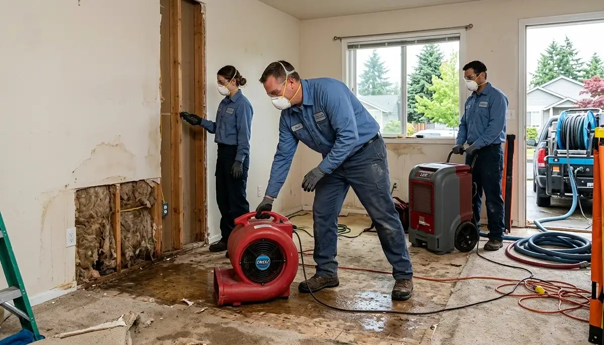 Water damage restoration team in Eugene, OR inspecting flood-damaged property