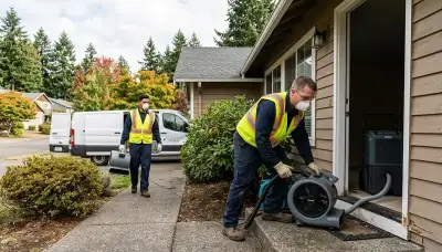 Water damage restoration team in Eugene, OR, inspecting flood damage at a home