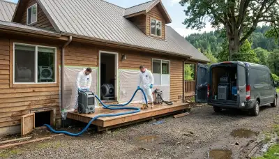 Water damage restoration team in Eugene, OR inspecting a residential cleanup job