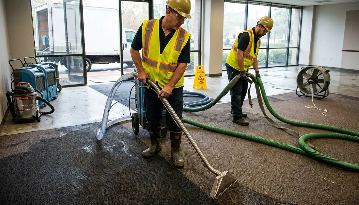 Water extraction crew removing standing water from a Eugene, OR home after flooding